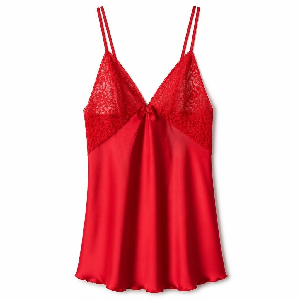 Red satin lace babydoll lingerie slip dress - white studio shot, second-hand at Why Go Less, Dekwaneh, Lebanon