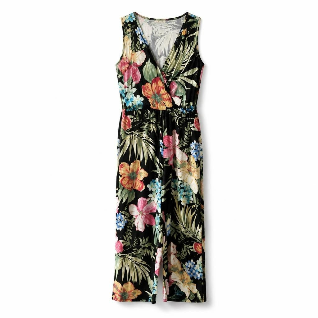 Black tropical floral over all halter style - white studio shot, second-hand at Why Go Less, Dekwaneh, Lebanon