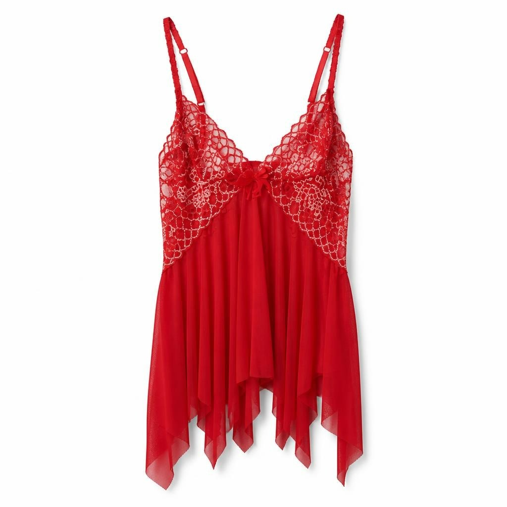 Red sheer lace babydoll lingerie negligee - white studio shot, second-hand at Why Go Less, Dekwaneh, Lebanon