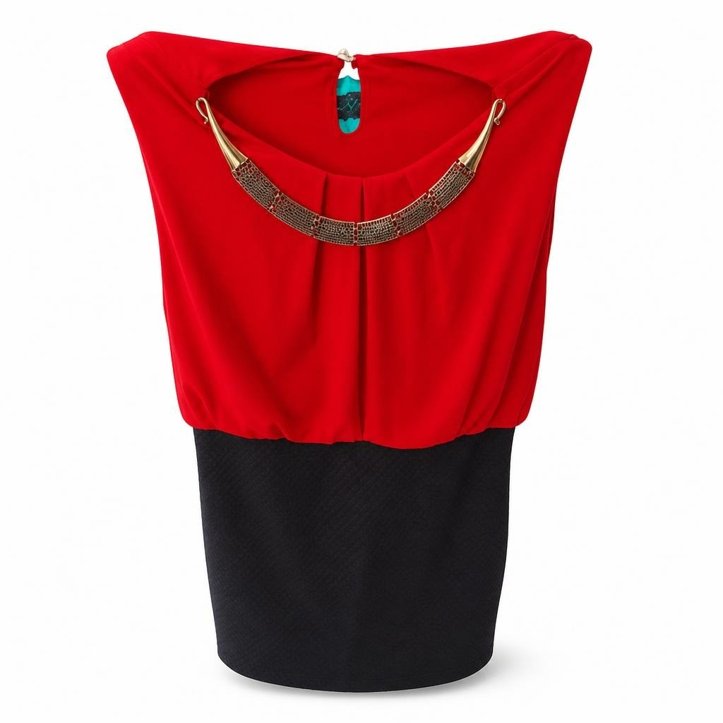 Red black color-block dress gold necklace detail - white studio shot, second-hand at Why Go Less, Dekwaneh, Lebanon