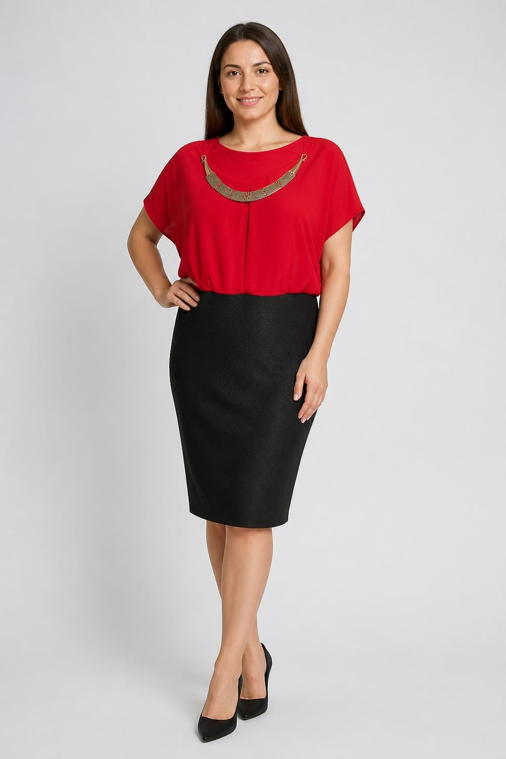 Red and Black Color-Block Dress With Gold Necklace Detail | Pre-Loved | Why Go Less