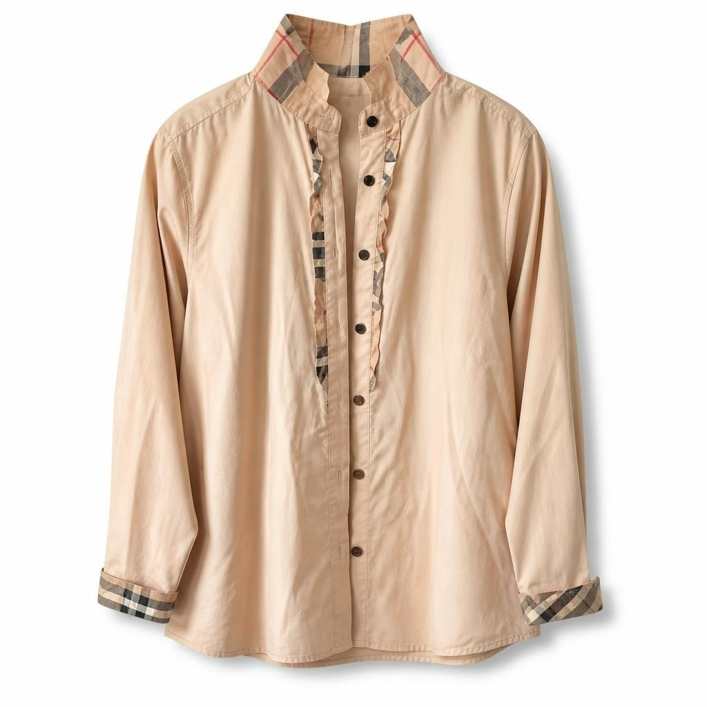 Burberry-style beige button-up shirt with plaid trim - white studio shot, second-hand at Why Go Less, Dekwaneh, Lebanon