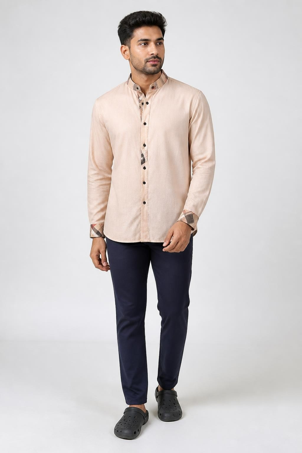 Burberry-style Beige Button-up Shirt With Plaid Trim | Pre-Loved | Why Go Less