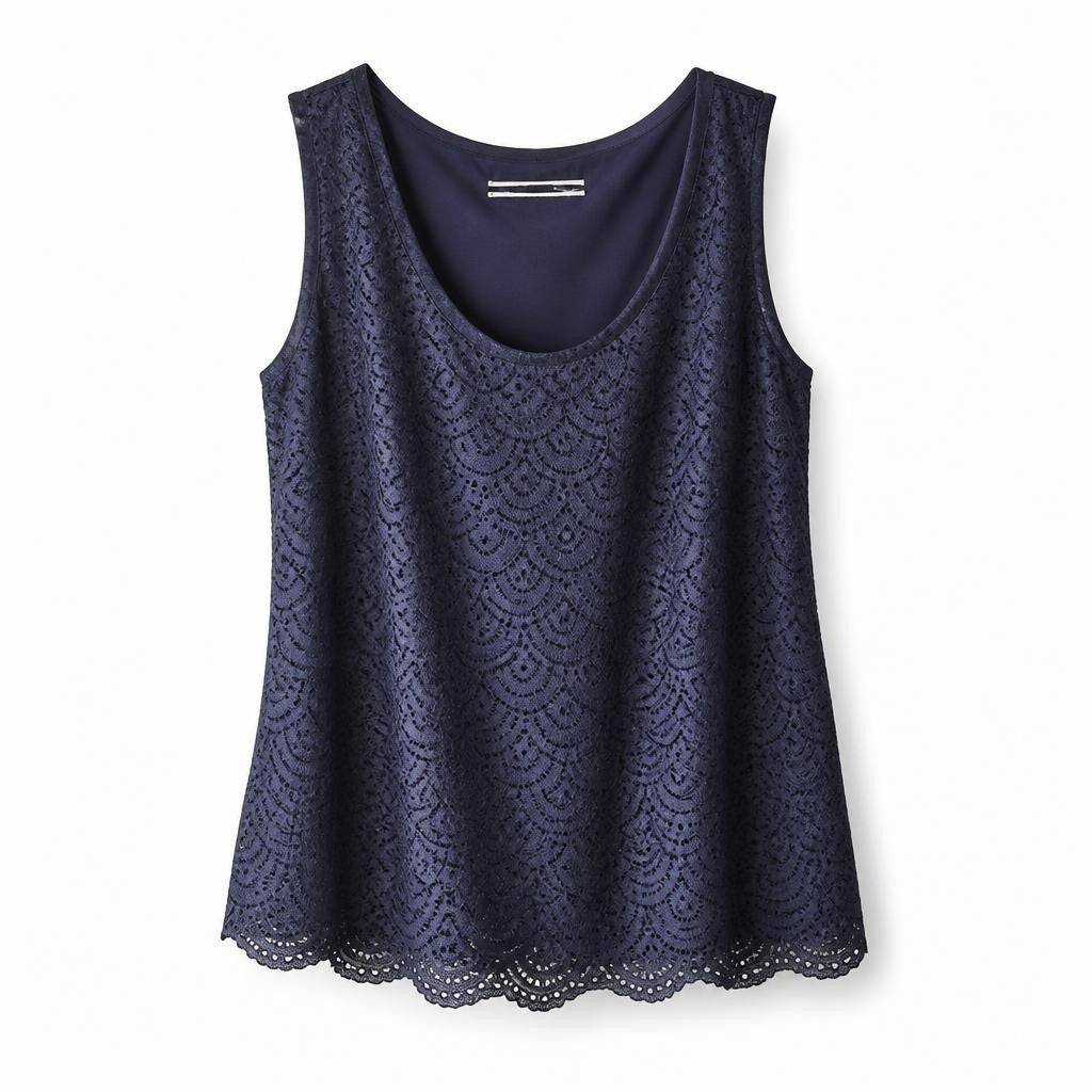 Navy blue lace eyelet top - white studio shot, second-hand at Why Go Less, Dekwaneh, Lebanon