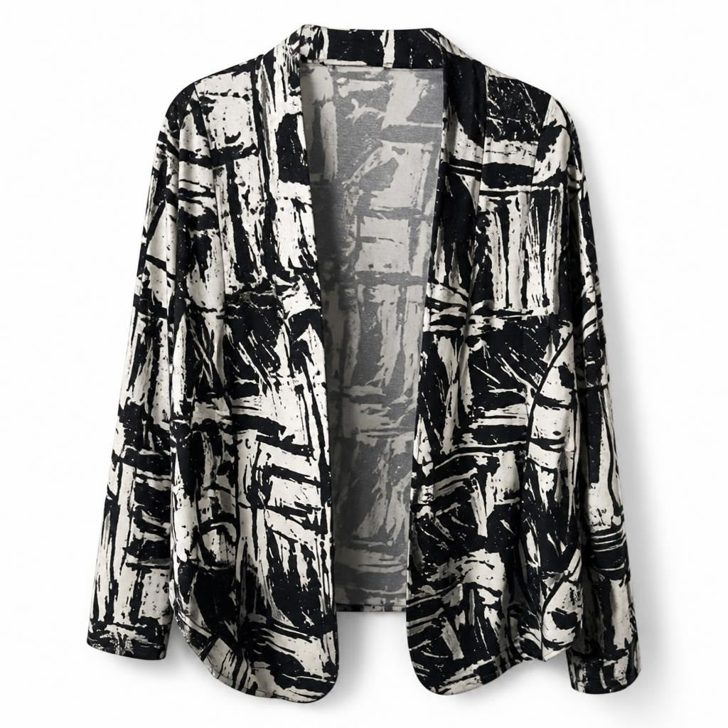 Black and white abstract print jacket set - white studio shot, second-hand at Why Go Less, Dekwaneh, Lebanon