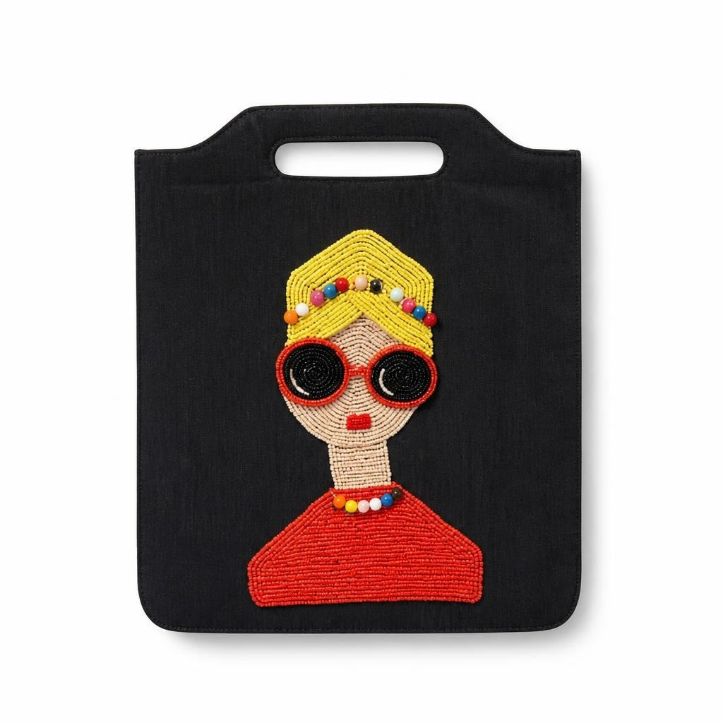 tot bag with crochet woman face appliqué - white studio shot, second-hand at Why Go Less, Dekwaneh, Lebanon