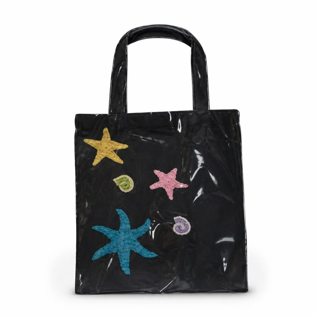 Black tote bag with crochet starfish sea appliques - white studio shot, second-hand at Why Go Less, Dekwaneh, Lebanon