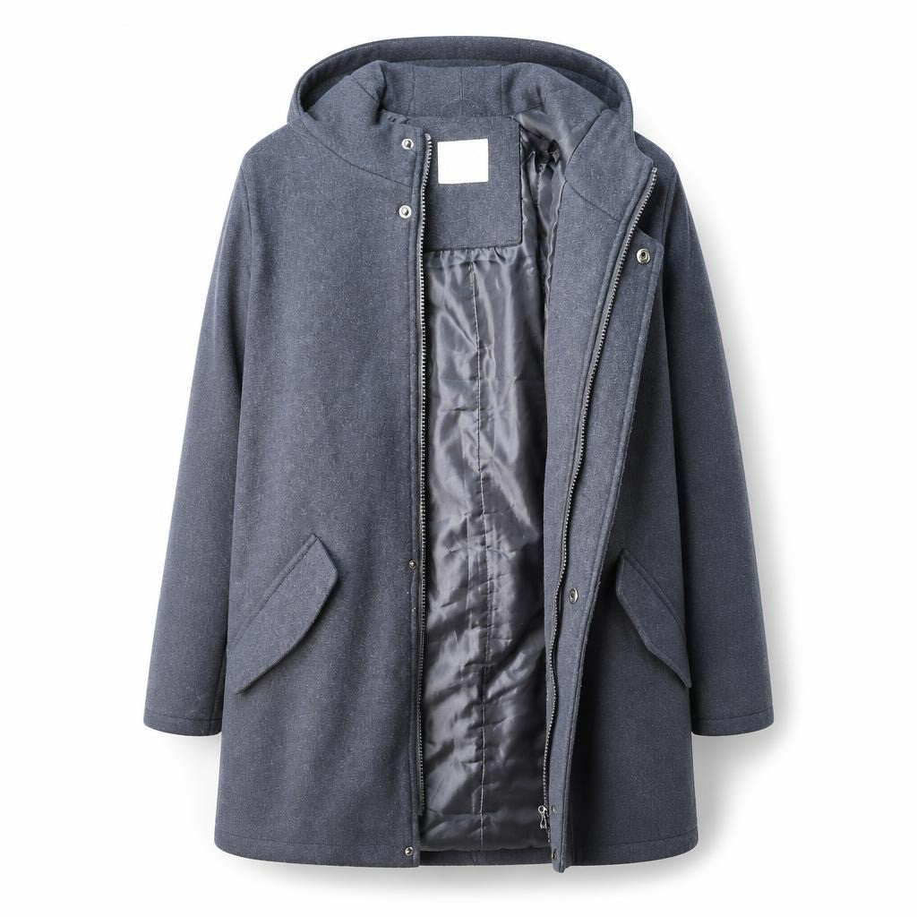Grey wool-blend zip-up long coat, size M/L - white studio shot, second-hand at Why Go Less, Dekwaneh, Lebanon