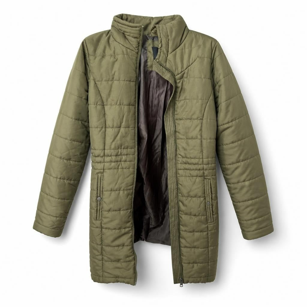 Olive green quilted hooded long puffer jacket - white studio shot, second-hand at Why Go Less, Dekwaneh, Lebanon