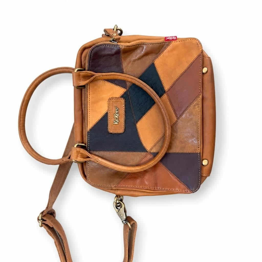 Kickers patchwork leather crossbody handbag, tan - white studio shot, second-hand at Why Go Less, Dekwaneh, Lebanon