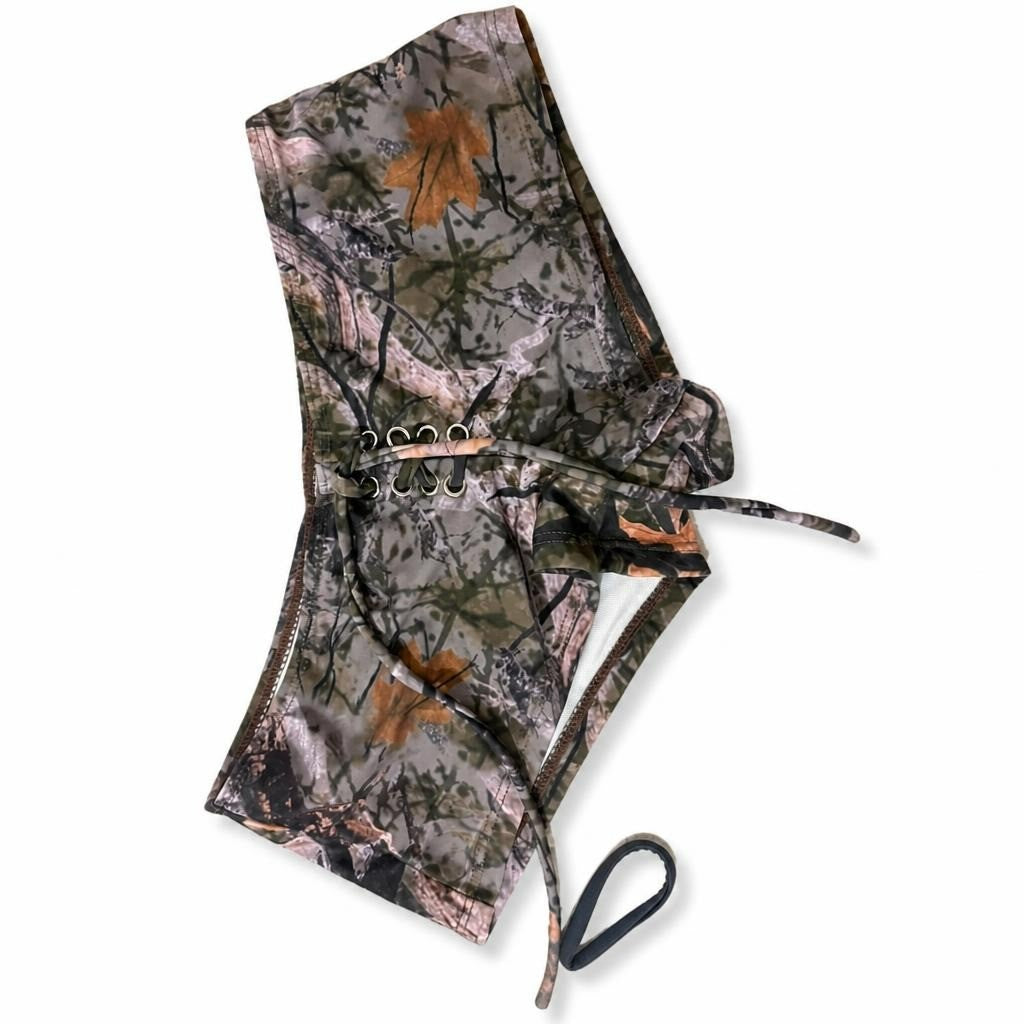 Camo print lace-up bikini bottom grommet detail - white studio shot, second-hand at Why Go Less, Dekwaneh, Lebanon