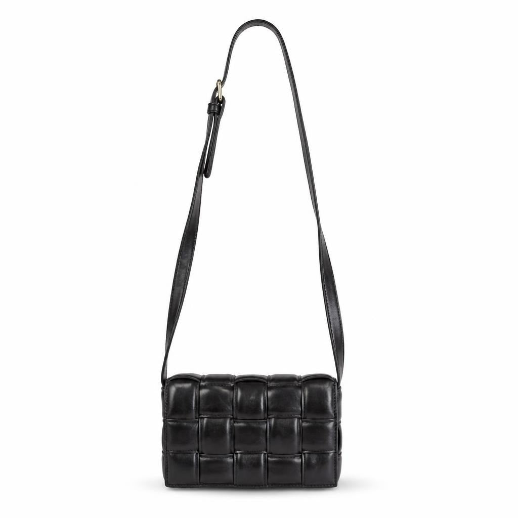 Black woven leather crossbody bag, quilted pattern - white studio shot, second-hand at Why Go Less, Dekwaneh, Lebanon