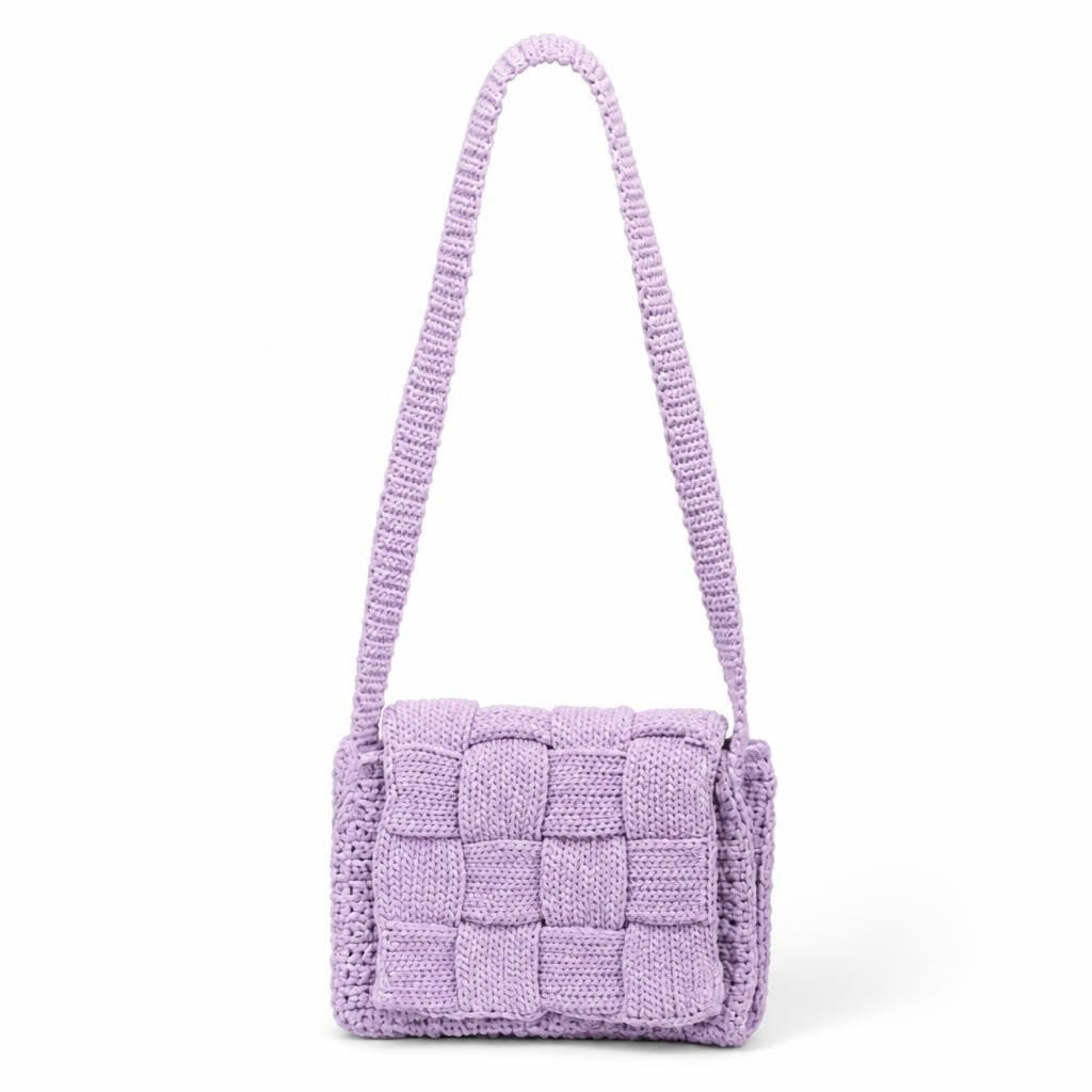 Lilac purple knit woven shoulder bag, crochet - white studio shot, second-hand at Why Go Less, Dekwaneh, Lebanon