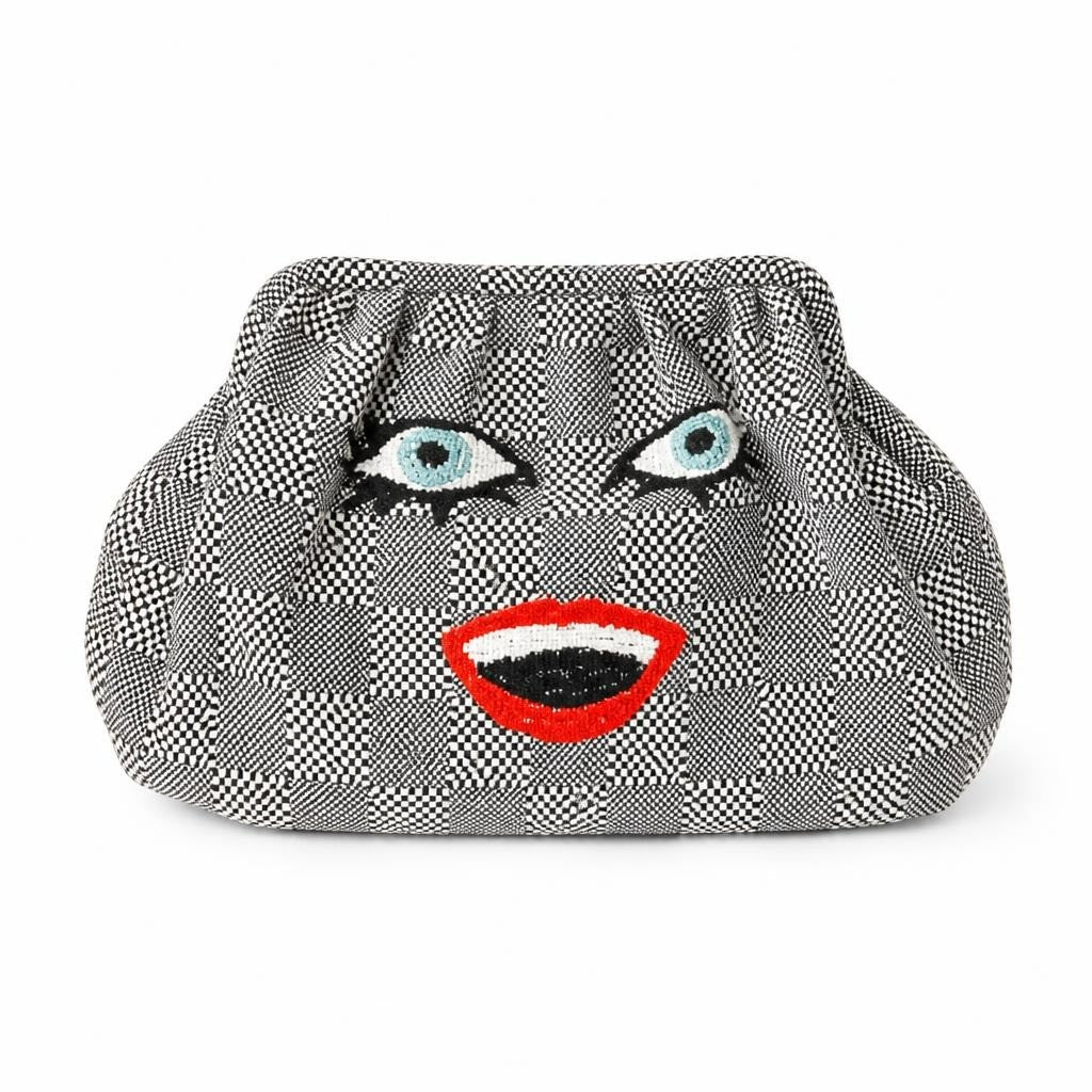 Black white checkered face embroidered clutch bag - white studio shot, second-hand at Why Go Less, Dekwaneh, Lebanon
