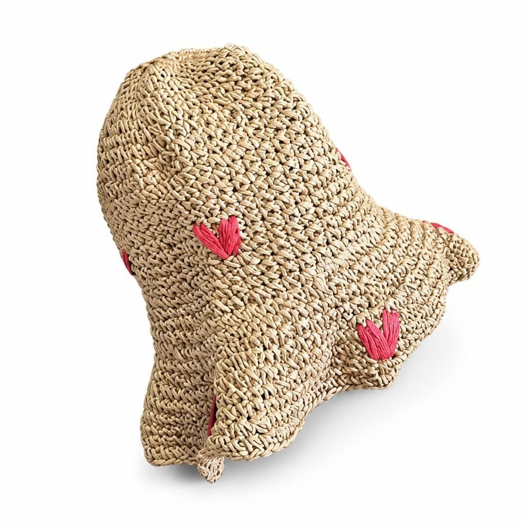 Beige straw crochet bucket hat, pink heart detail - white studio shot, second-hand at Why Go Less, Dekwaneh, Lebanon