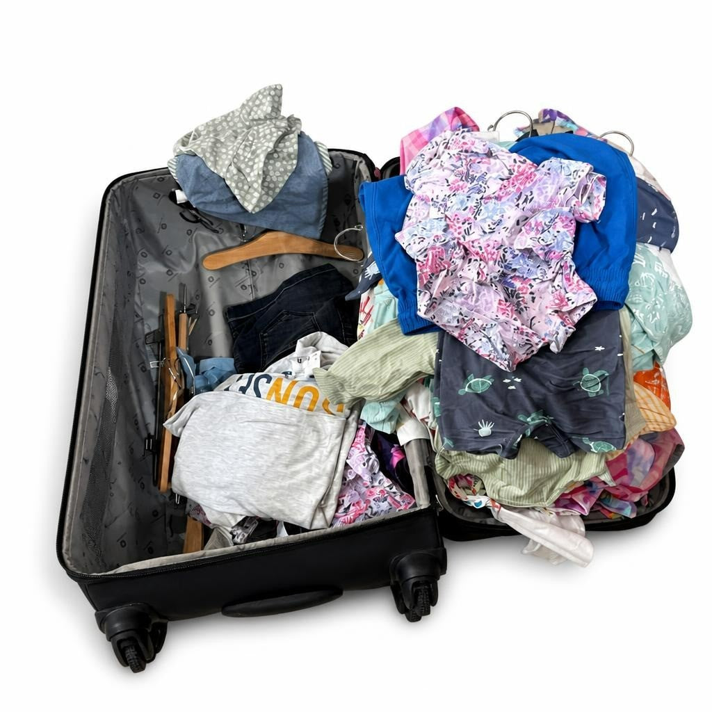 Mixed clothing lot - suitcase full, various styles - white studio shot, second-hand at Why Go Less, Dekwaneh, Lebanon