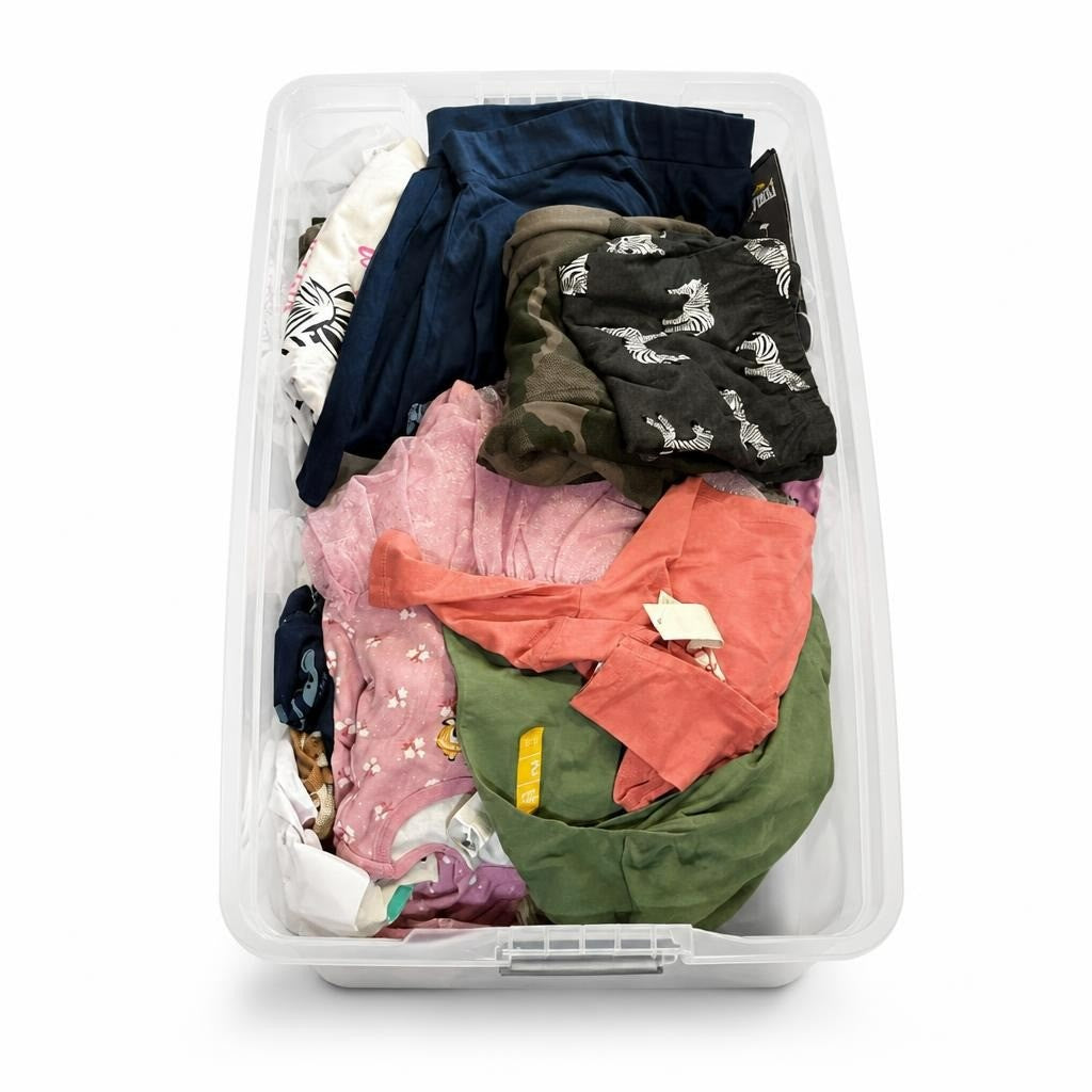 Kids mixed clothing lot - bin, various colors/sizes - white studio shot, second-hand at Why Go Less, Dekwaneh, Lebanon