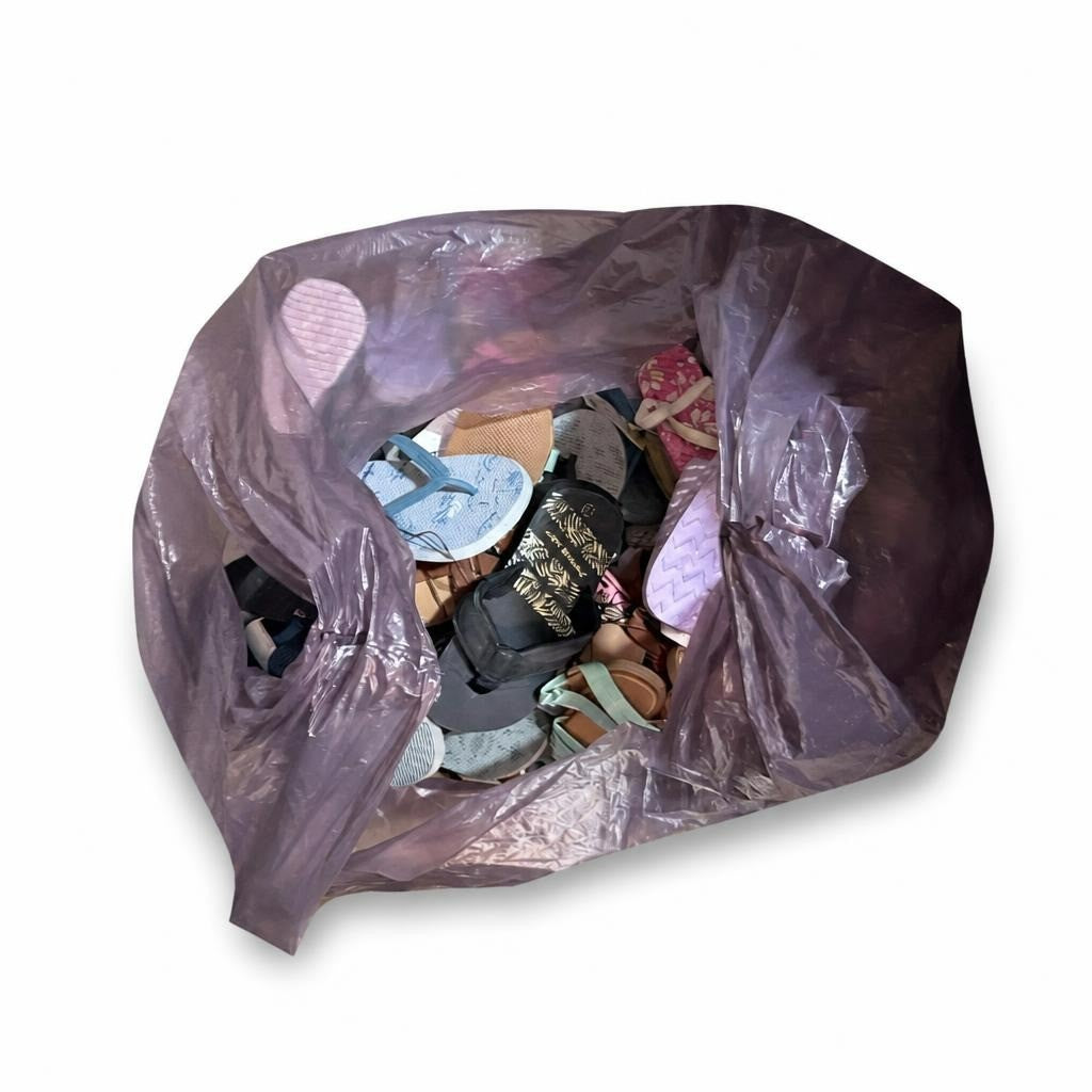 Mixed sandals and flip flops lot - bag, various sizes - white studio shot, second-hand at Why Go Less, Dekwaneh, Lebanon