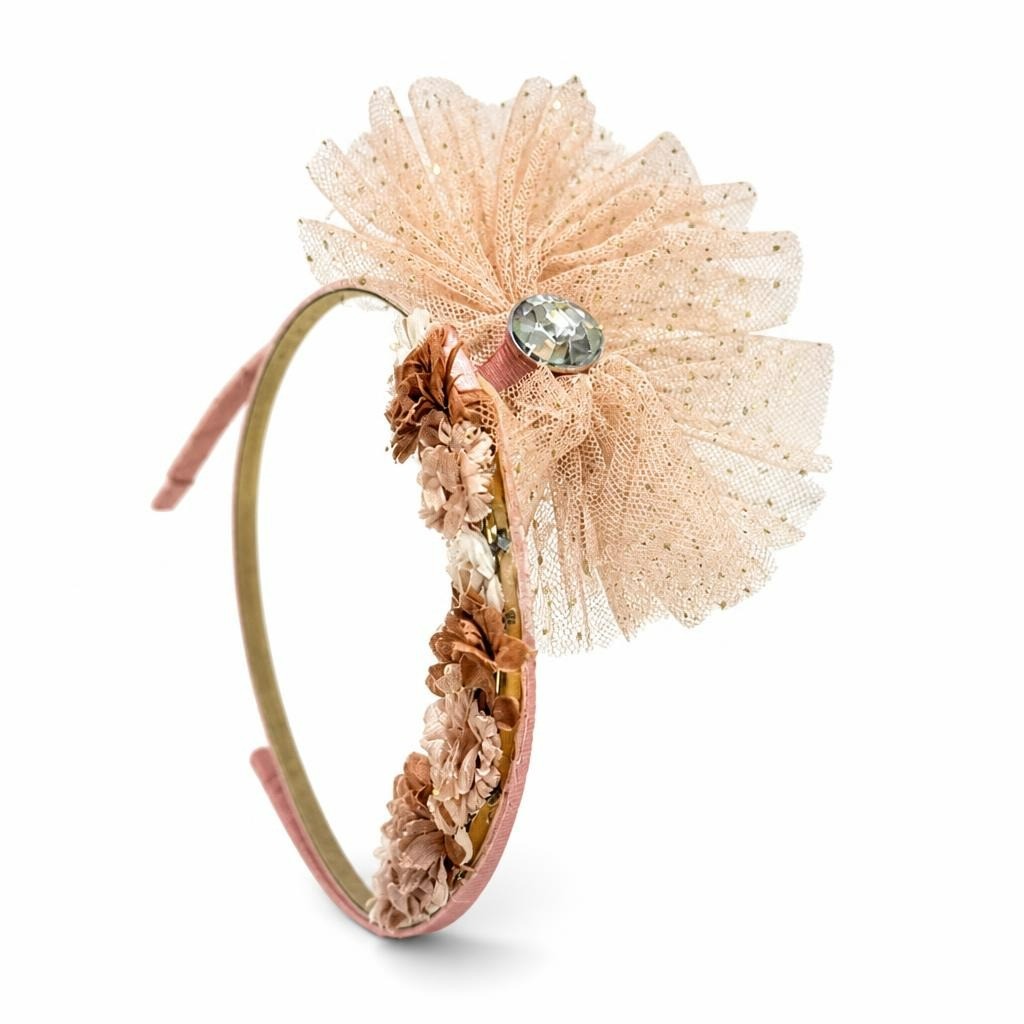 Pink floral tulle headband with gem, new w/tag - white studio shot, second-hand at Why Go Less, Dekwaneh, Lebanon