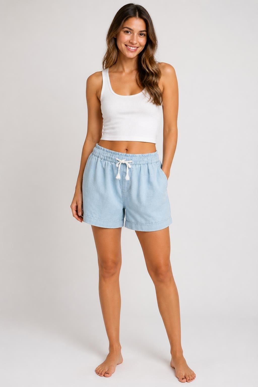 Light Blue Chambray Drawstring Shorts | Pre-Loved | Why Go Less