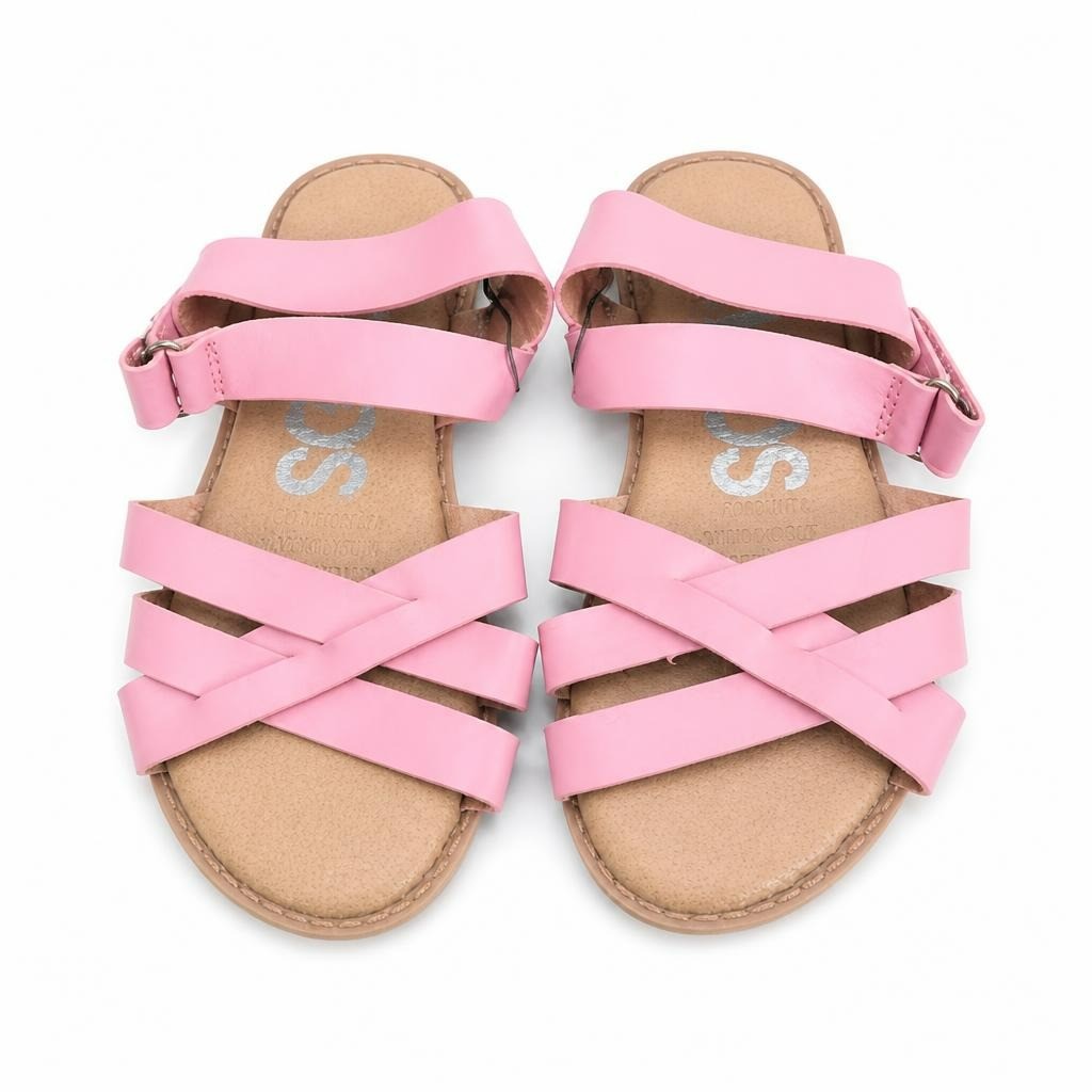 Kids Pink Faux-Leather Flat Sandals With Criss-Cross Toe Straps And An Adjustable Ankle Buckle | Pre-Loved | Why Go Less
