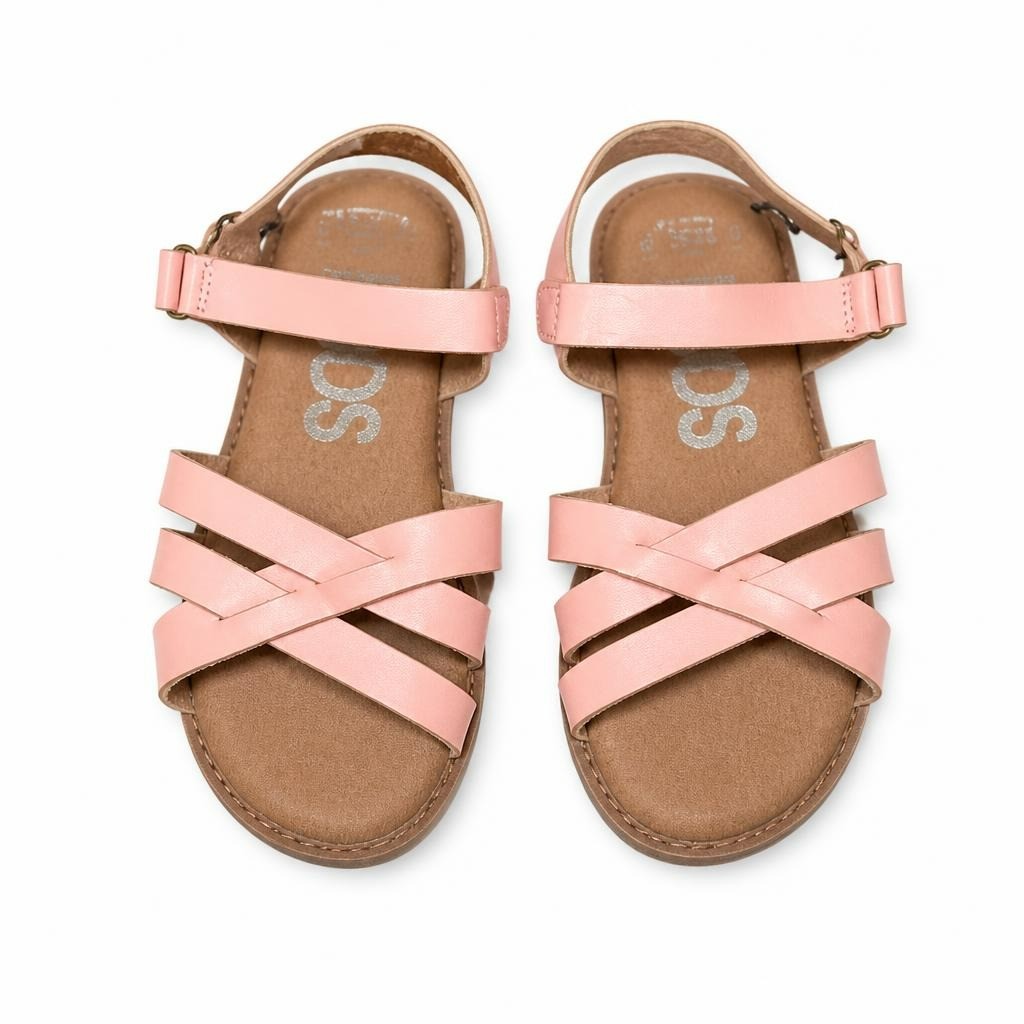 Kids Saumon Faux-Leather Flat Sandals With Criss-Cross Toe Straps And An Adjustable Ankle Buckle | Pre-Loved | Why Go Less