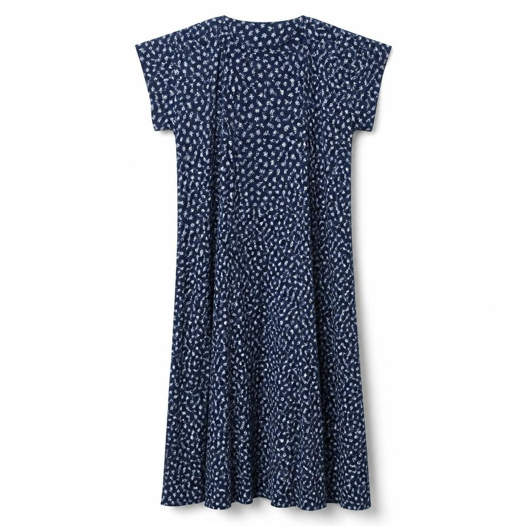 Navy floral print midi dress, short sleeve - white studio shot, second-hand at Why Go Less, Dekwaneh, Lebanon