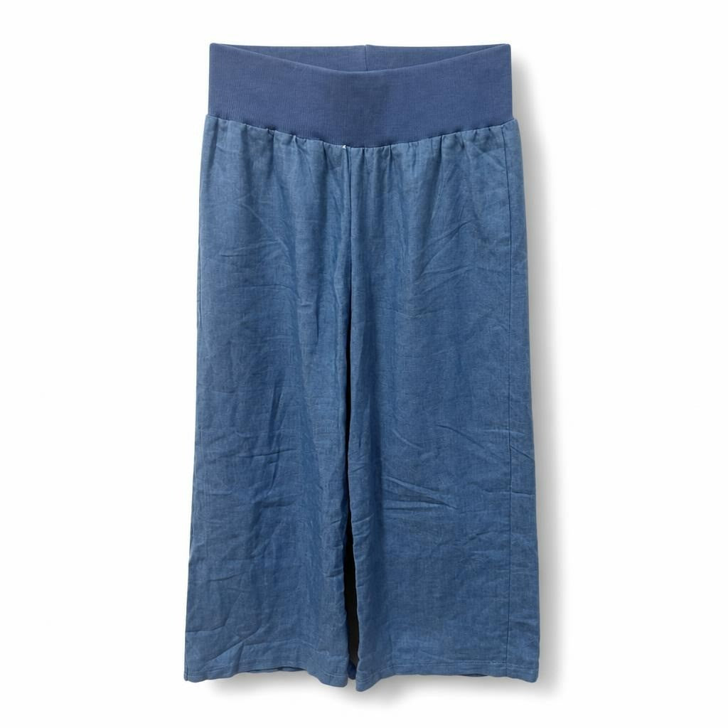 Blue wide-leg culottes, elastic waistband, denim look - white studio shot, second-hand at Why Go Less, Dekwaneh, Lebanon