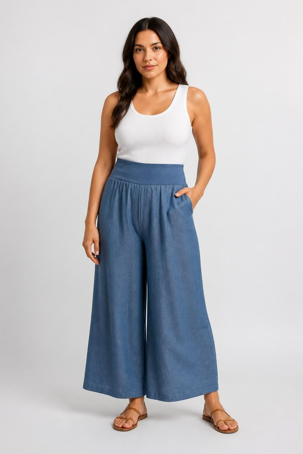 Blue Wide-leg Culottes, Elastic Waistband, Denim Look | Pre-Loved | Why Go Less