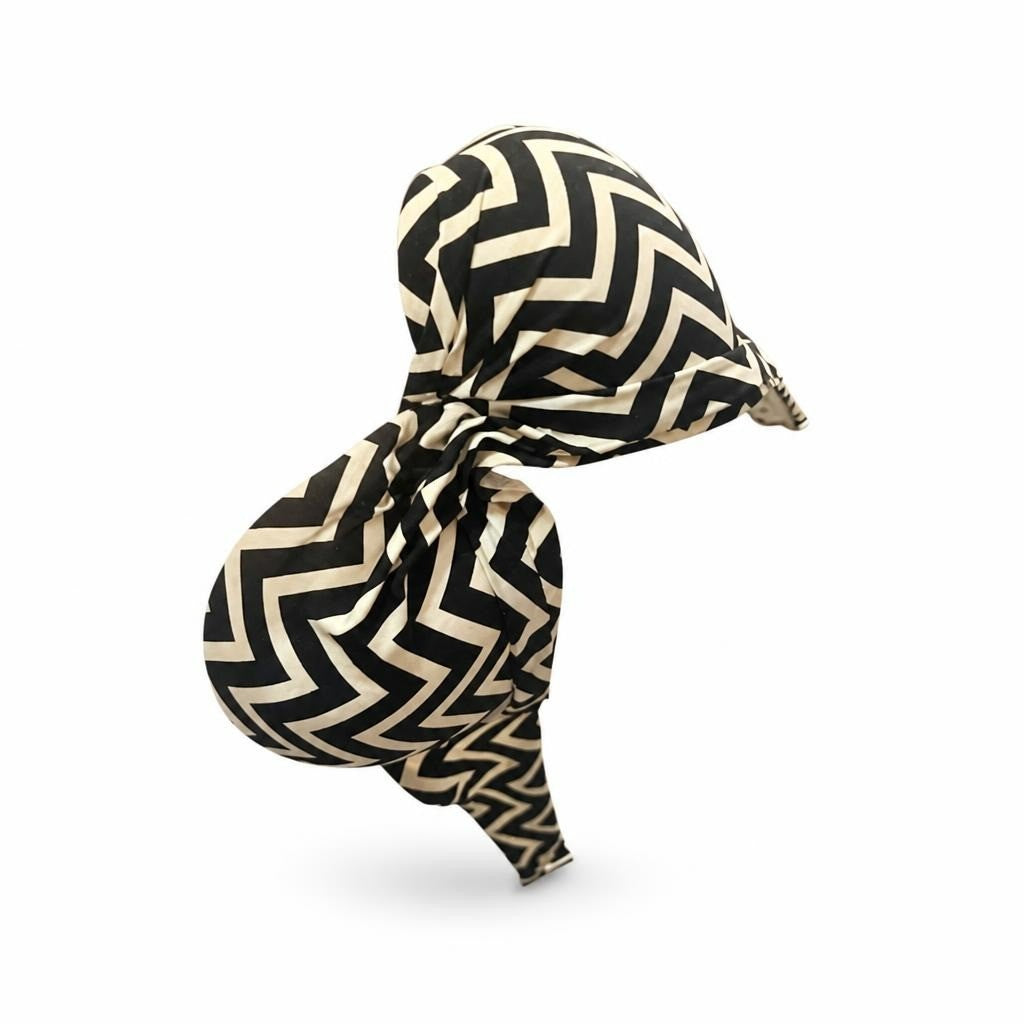 Black white chevron print headband with bow - white studio shot, second-hand at Why Go Less, Dekwaneh, Lebanon