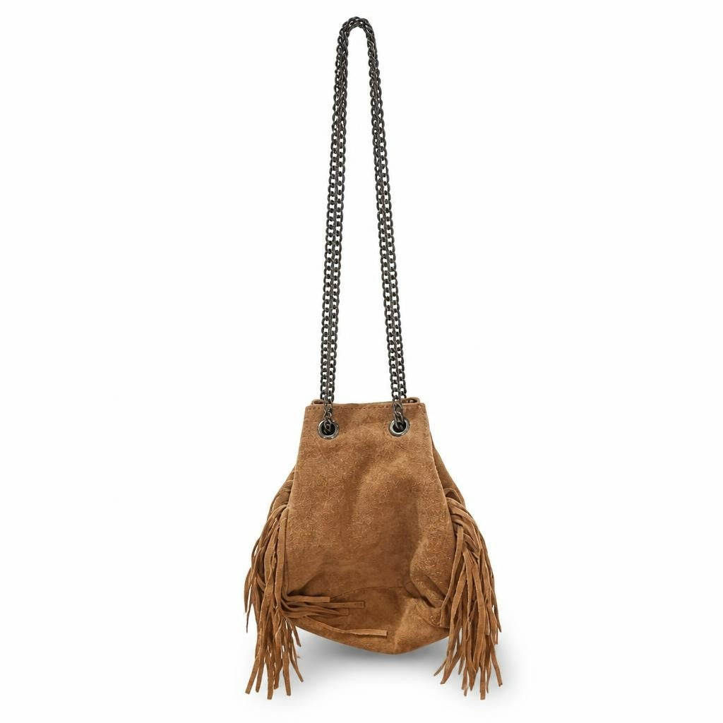 Tan suede fringe bucket bag, chain strap - white studio shot, second-hand at Why Go Less, Dekwaneh, Lebanon