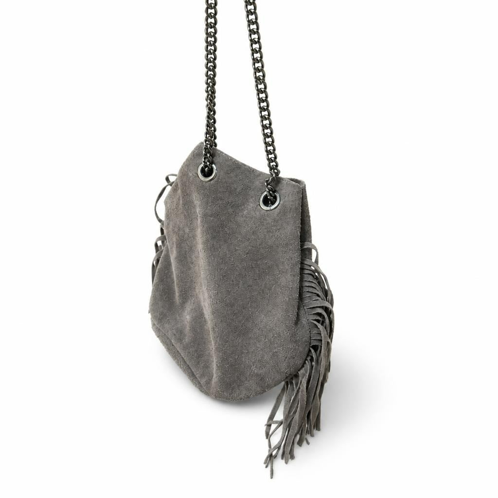 Taupe suede fringe crossbody bag with chain strap - white studio shot, second-hand at Why Go Less, Dekwaneh, Lebanon