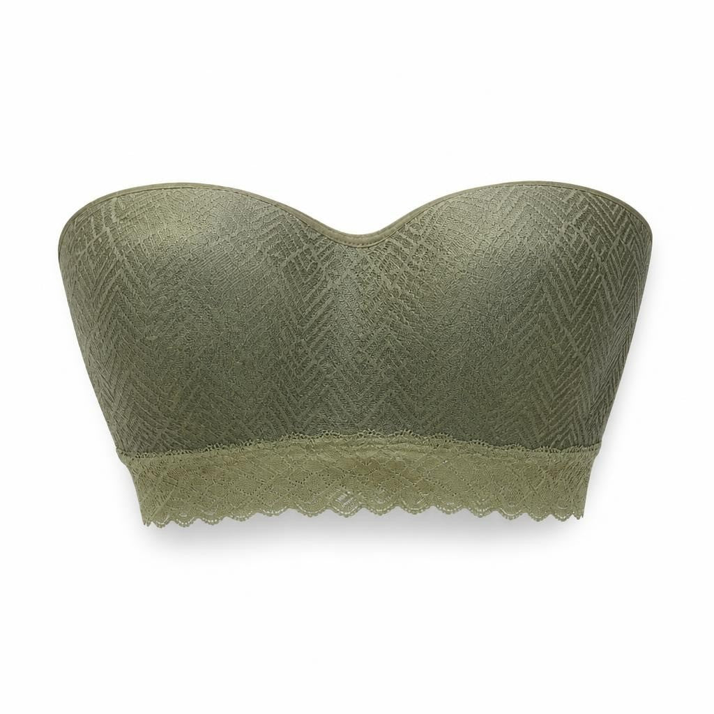 Olive green lace-trim bralette, patterned fabric - white studio shot, second-hand at Why Go Less, Dekwaneh, Lebanon