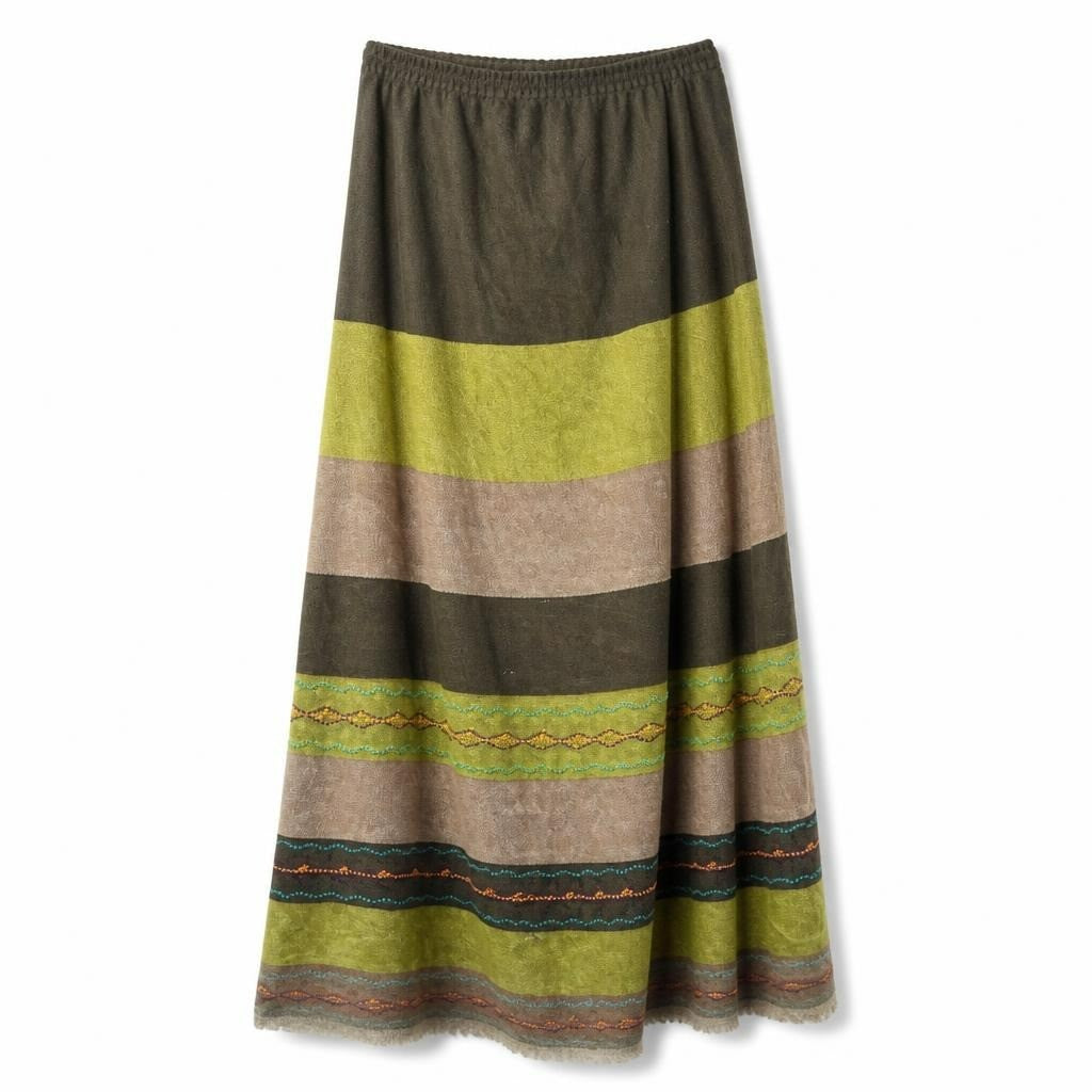 Multicolor striped embroidered flowy maxi skirt - white studio shot, second-hand at Why Go Less, Dekwaneh, Lebanon