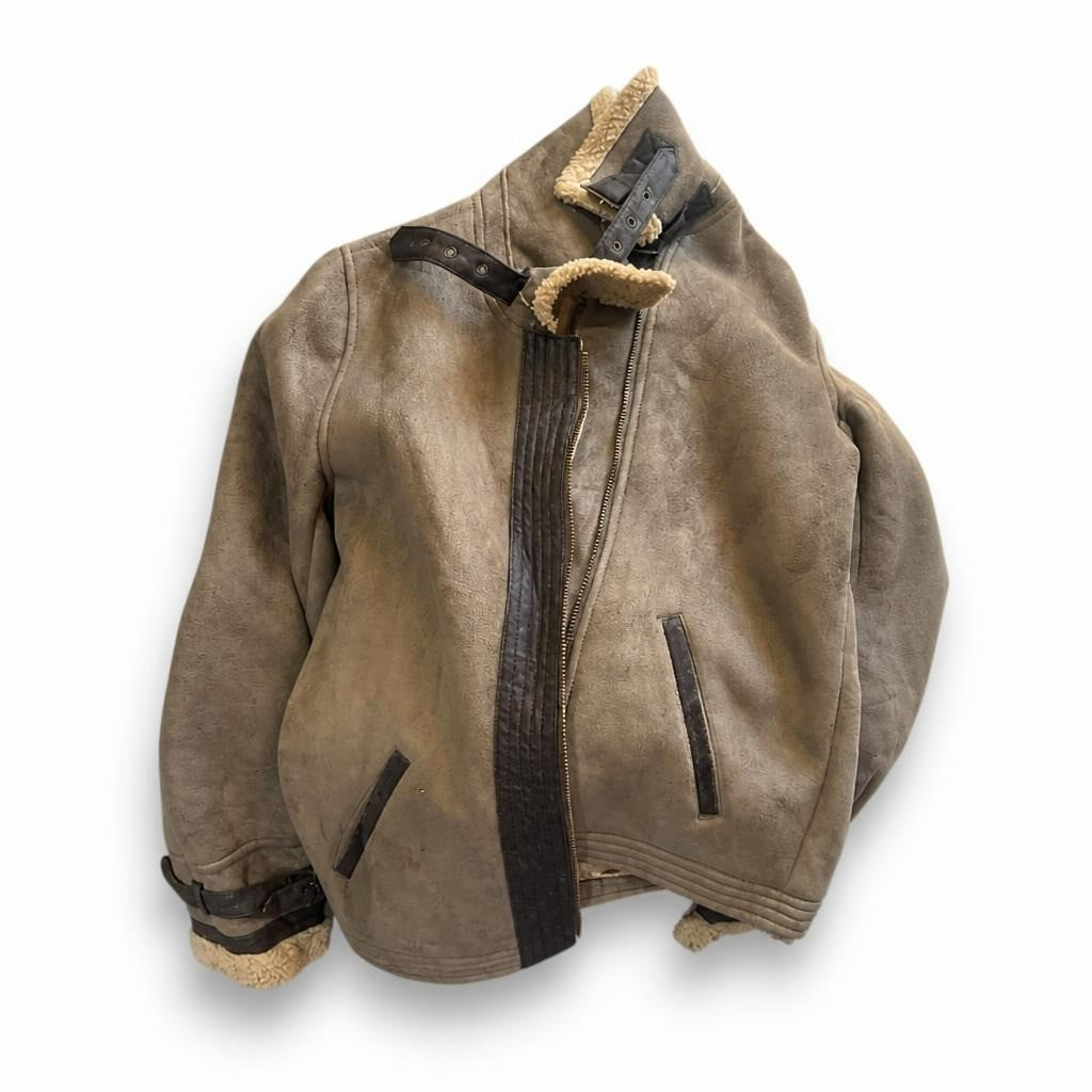 Tan suede aviator jacket with shearling collar - white studio shot, second-hand at Why Go Less, Dekwaneh, Lebanon