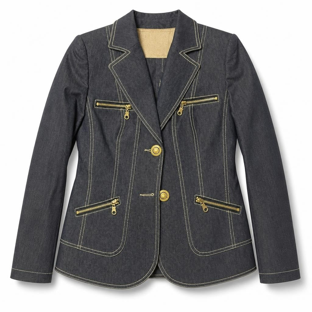 Dark Denim Blazer Gold Zipper Detail - white studio shot, second-hand at Why Go Less, Dekwaneh, Lebanon