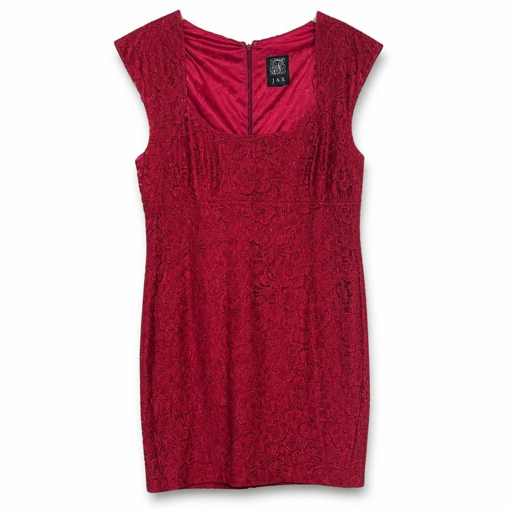 JAX Burgundy Lace Cocktail Dress - white studio shot, second-hand at Why Go Less, Dekwaneh, Lebanon