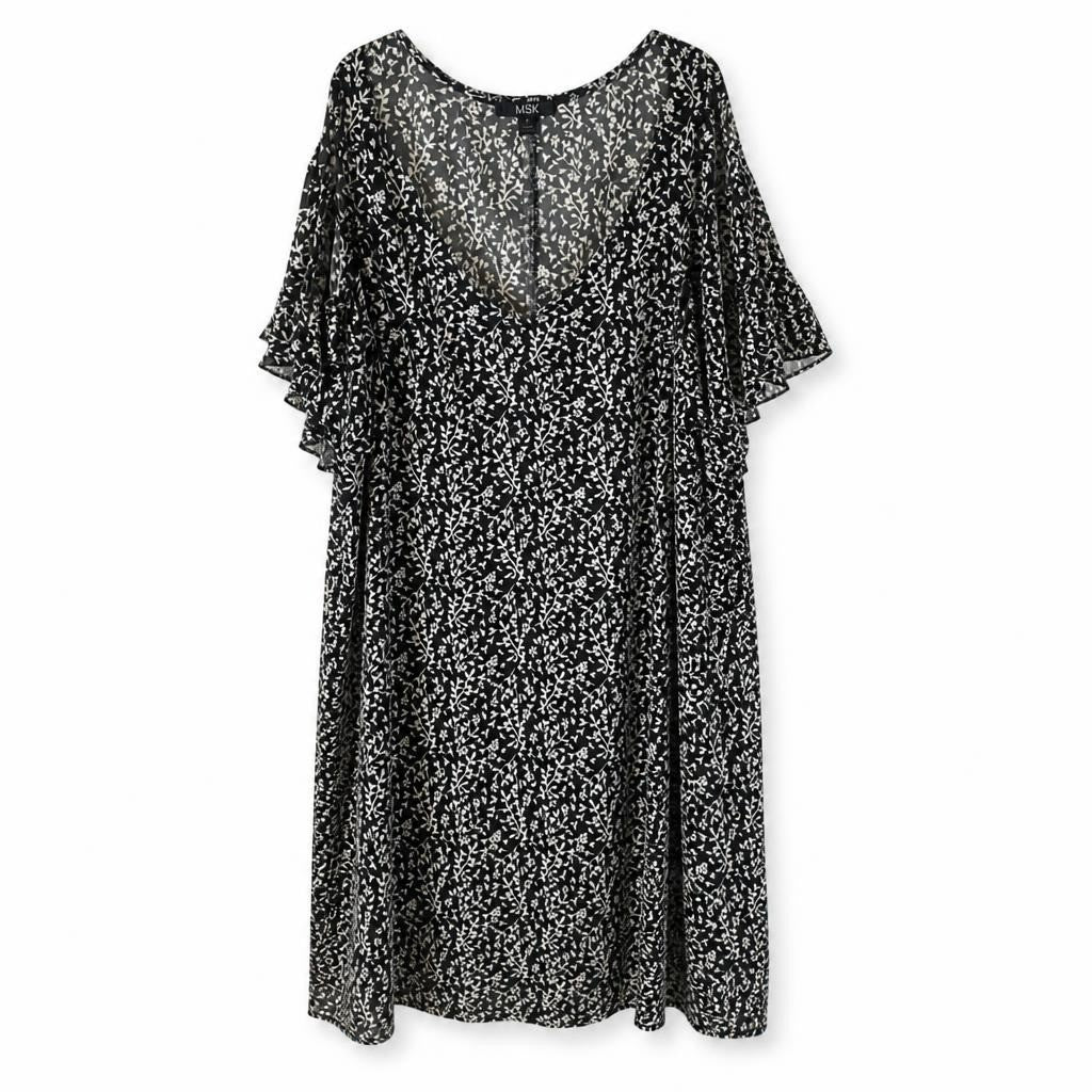 MSK Black & White Floral Cold-Shoulder Dress - white studio shot, second-hand at Why Go Less, Dekwaneh, Lebanon