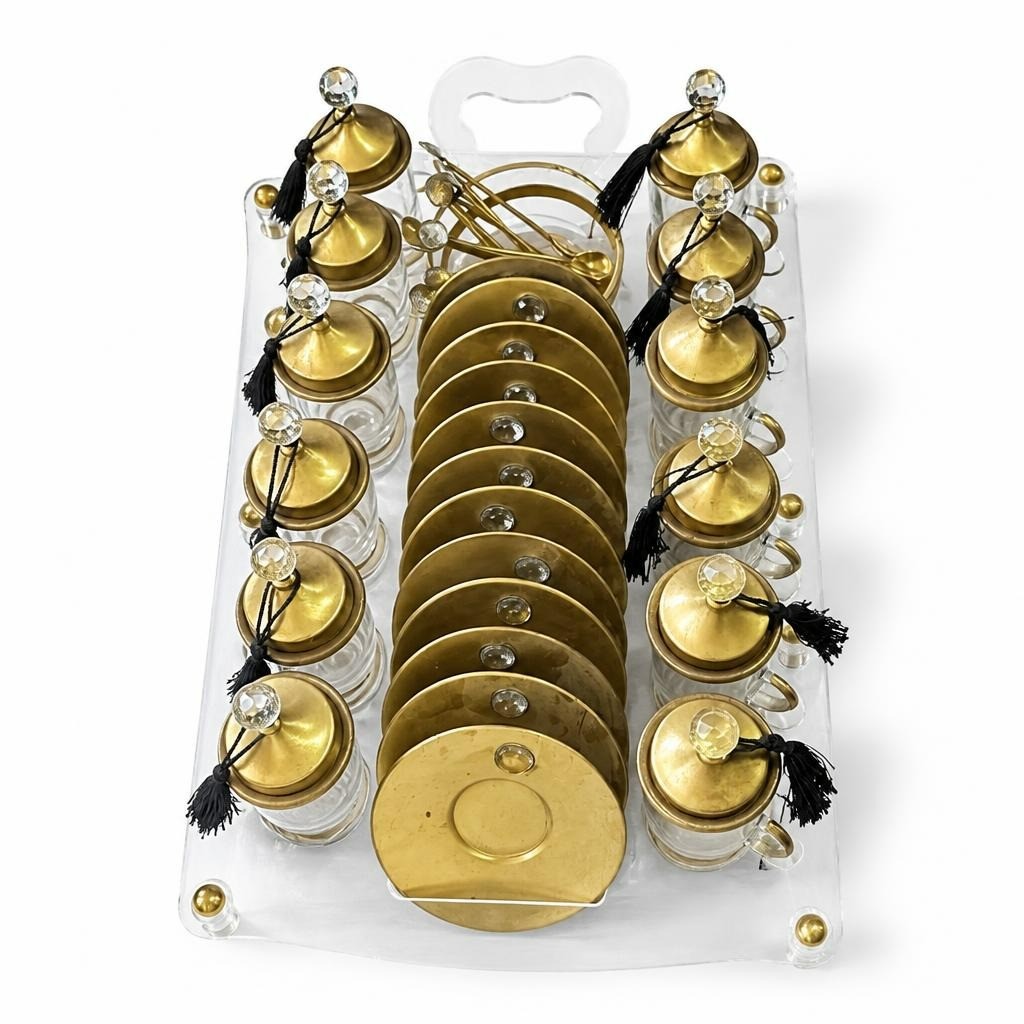 Gold brass Arabic tea set with glass cups - white studio shot, second-hand at Why Go Less, Dekwaneh, Lebanon