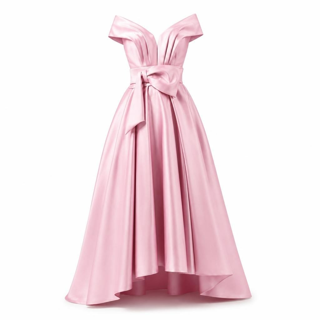 Catwalk Couture pink satin off-shoulder ball gown - white studio shot, second-hand at Why Go Less, Dekwaneh, Lebanon