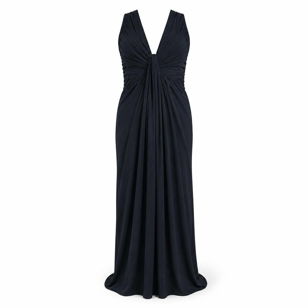 Black deep-V draped jersey maxi evening gown - white studio shot, second-hand at Why Go Less, Dekwaneh, Lebanon