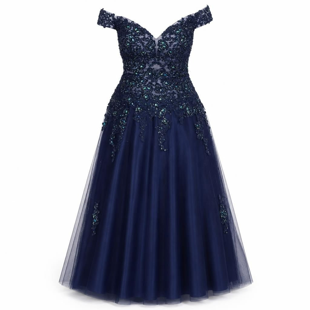 Navy blue off-shoulder beaded lace A-line gown - white studio shot, second-hand at Why Go Less, Dekwaneh, Lebanon