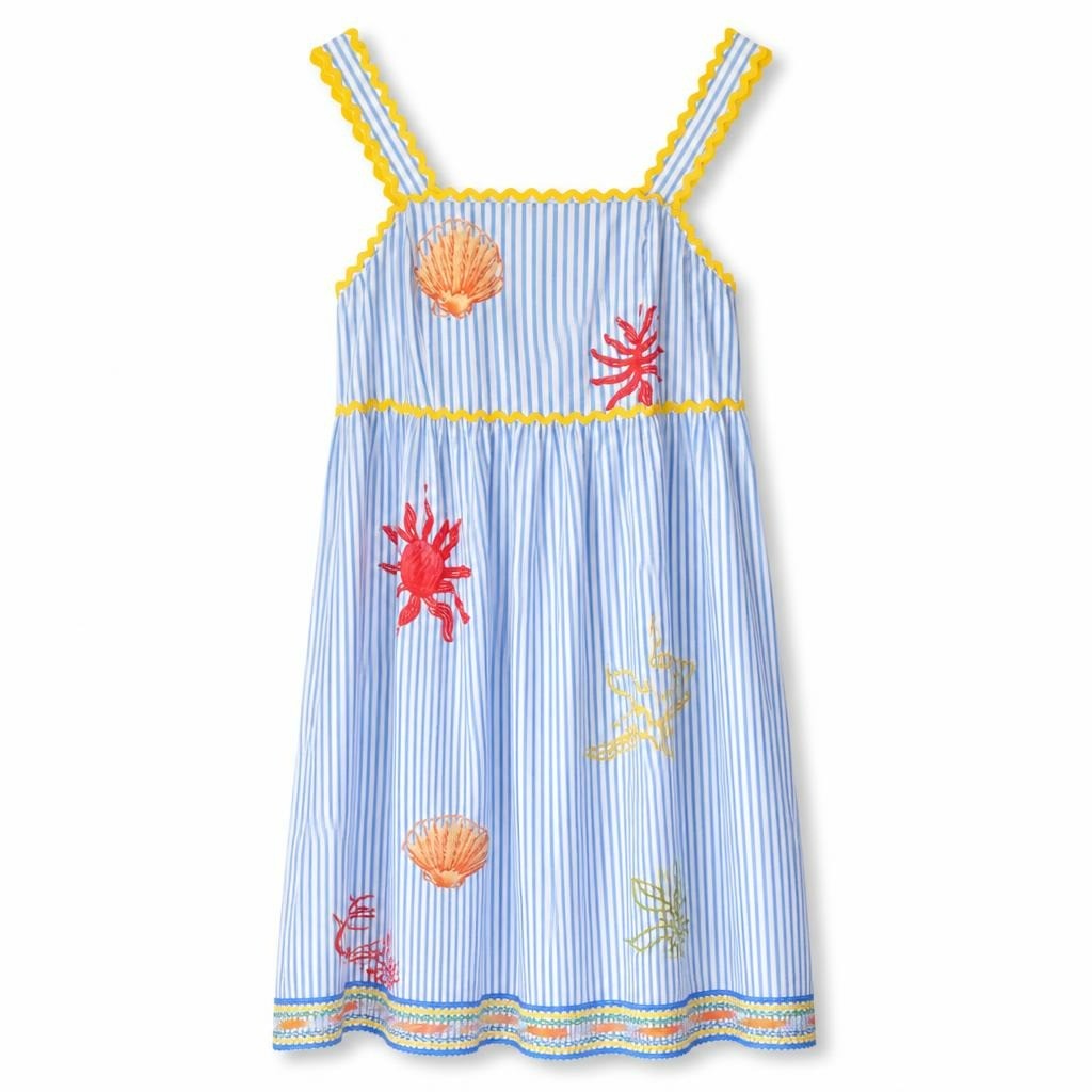 Blue stripe ocean embroidered sundress, no size tag - white studio shot, second-hand at Why Go Less, Dekwaneh, Lebanon