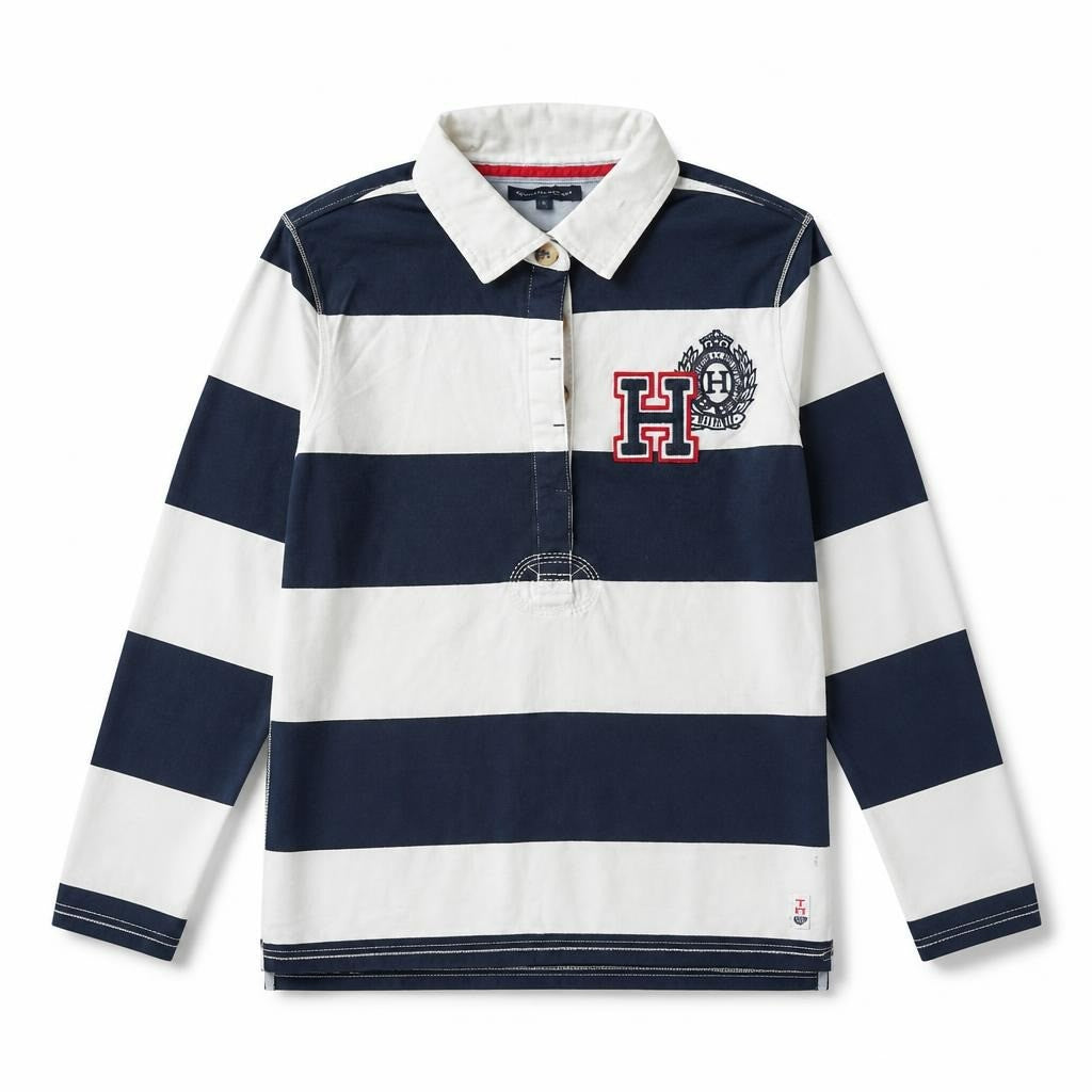Tommy Hilfiger navy white stripe rugby polo shirt - white studio shot, second-hand at Why Go Less, Dekwaneh, Lebanon