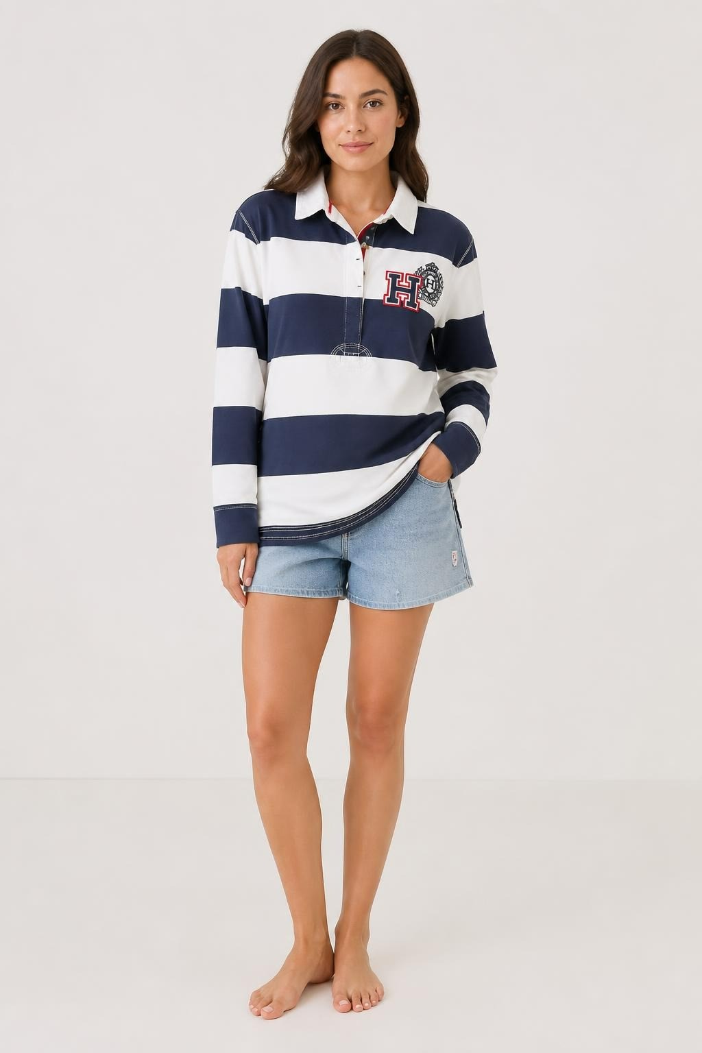 Tommy Hilfiger Navy White Stripe Rugby Polo Shirt | Pre-Loved | Why Go Less