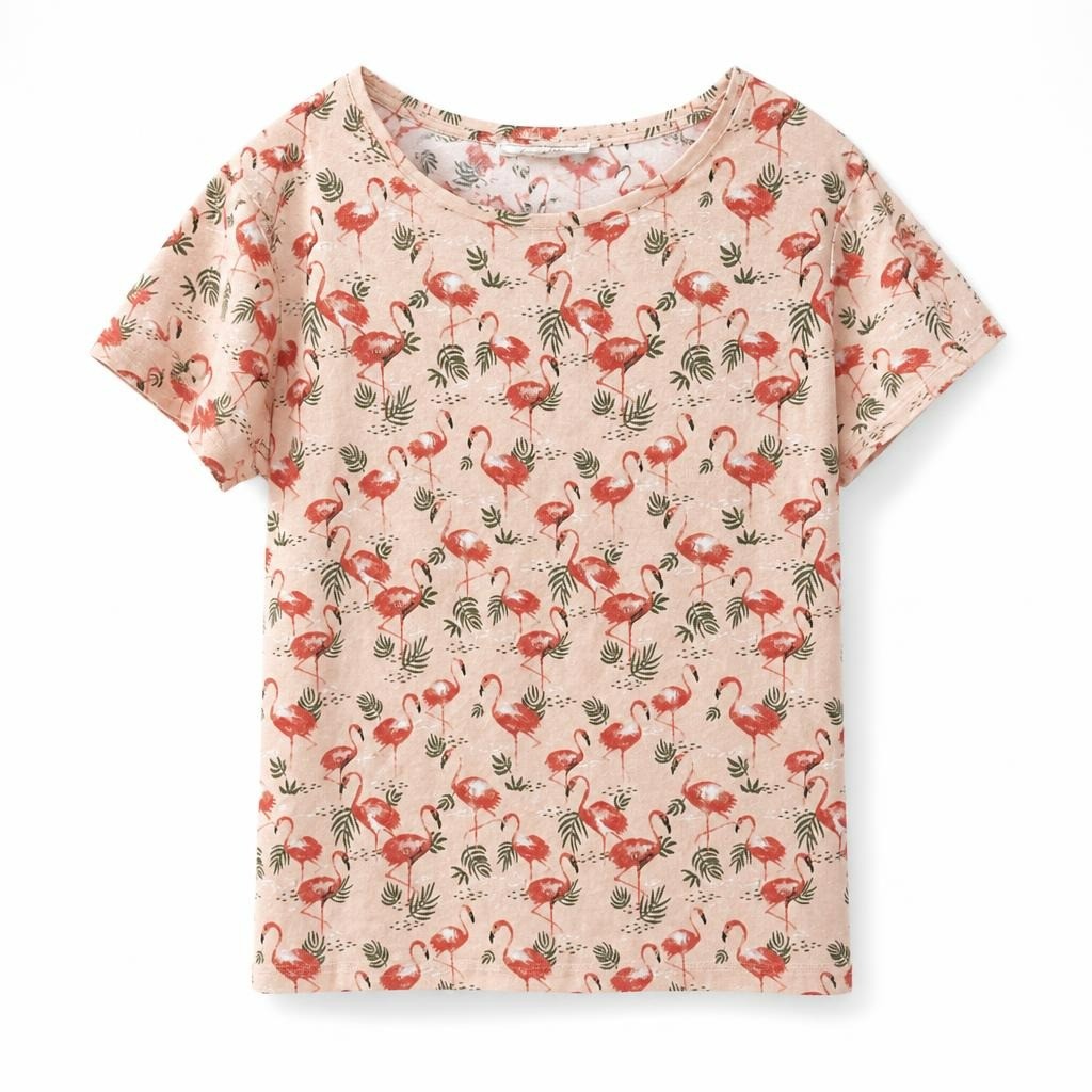 Promod flamingo print pink short sleeve tee - white studio shot, second-hand at Why Go Less, Dekwaneh, Lebanon