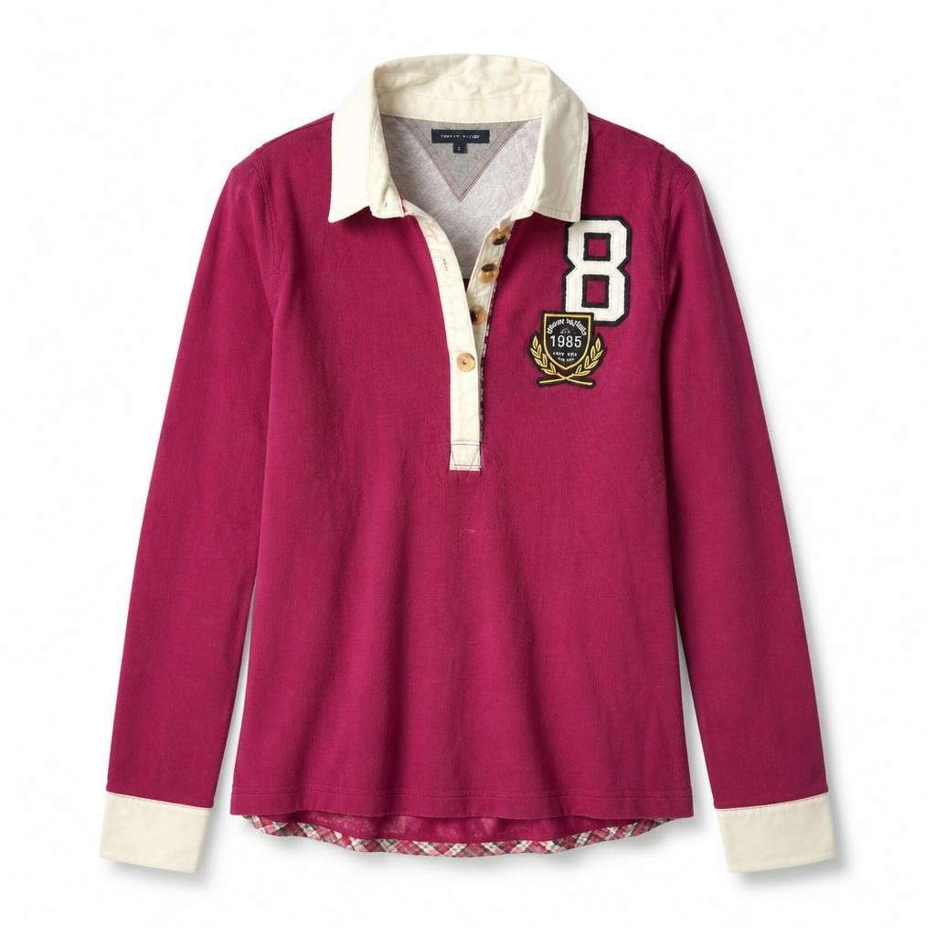 Tommy Hilfiger maroon rugby polo shirt No.8 - white studio shot, second-hand at Why Go Less, Dekwaneh, Lebanon