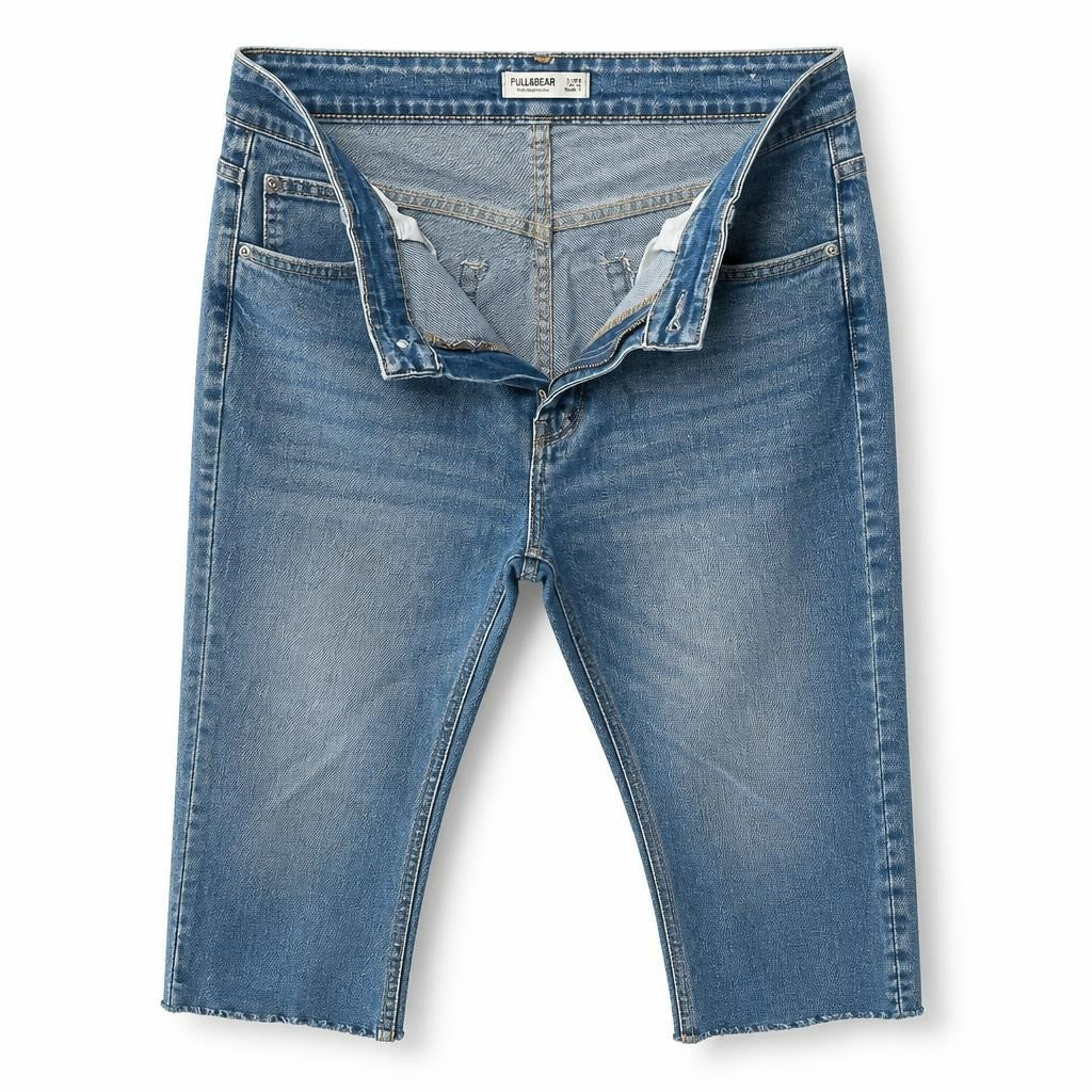 Pull&Bear slim fit mid-wash blue jeans - white studio shot, second-hand at Why Go Less, Dekwaneh, Lebanon