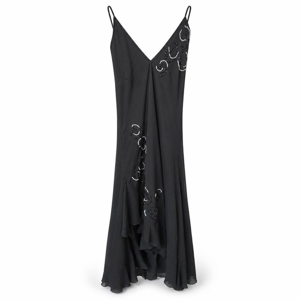 Black beaded embroidered sleeveless evening gown - white studio shot, second-hand at Why Go Less, Dekwaneh, Lebanon
