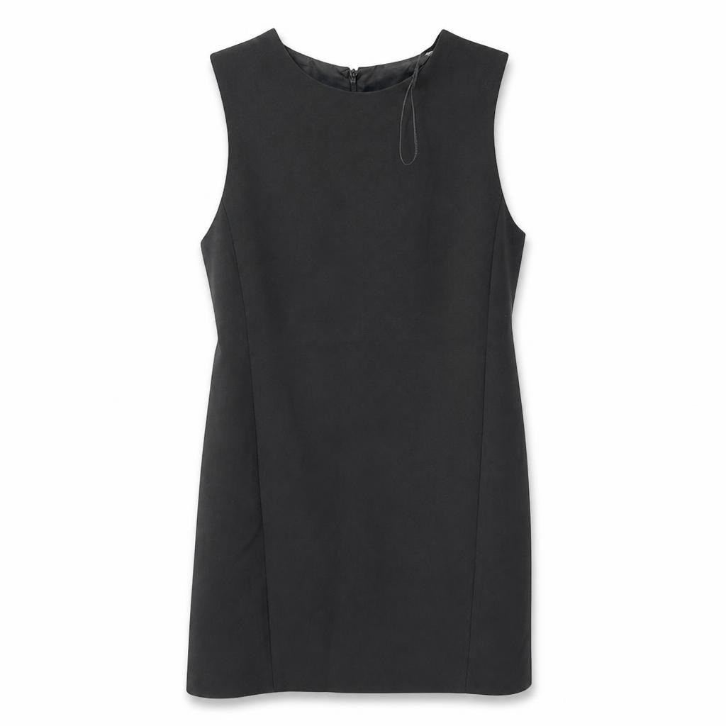 Sleeveless black shift mini dress, no size tag - white studio shot, second-hand at Why Go Less, Dekwaneh, Lebanon